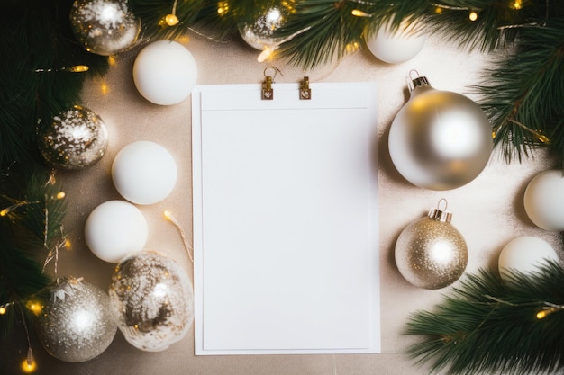 Caja de regalos con una maqueta de una tarjeta postal blanca cerca del árbol de Navidad con guirnaldas y juguetes