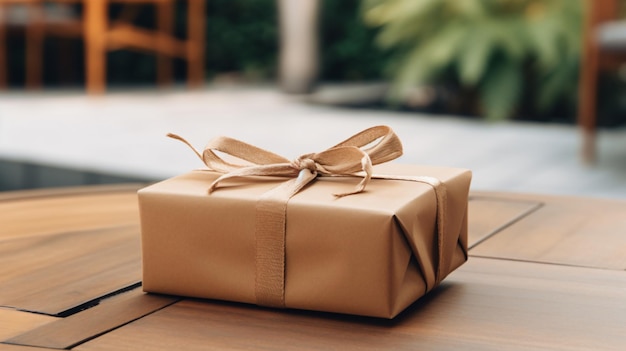 una caja de regalos marrón con un arco en una mesa