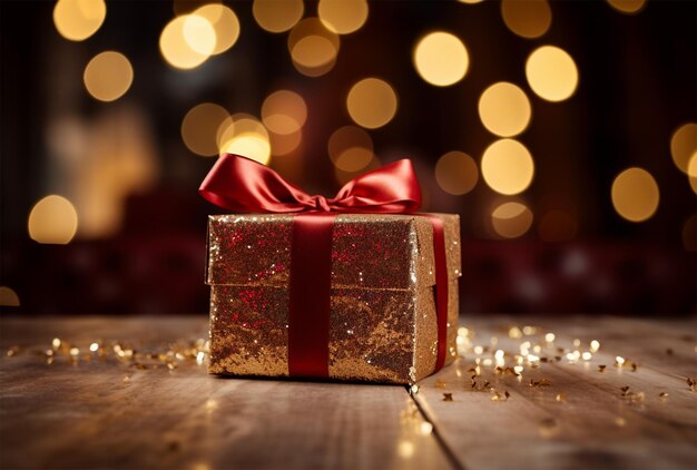 Caja de regalos en mesa de madera con luces de fondo bokeh