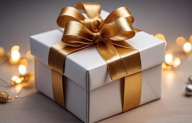 Caja de regalos de Navidad con arco dorado y decoración en fondo bokeh