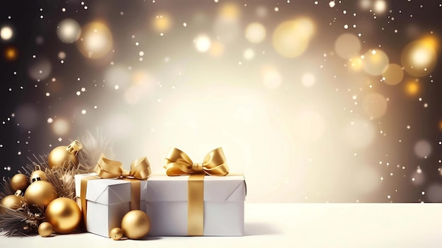 Caja de regalos de Navidad con arco dorado en fondo bokeh renderización 3D