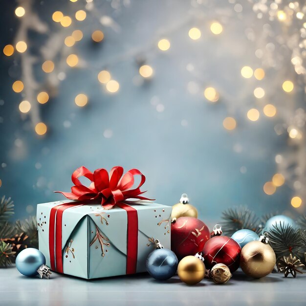 Caja de regalos de Navidad con bolas y con fondo claro