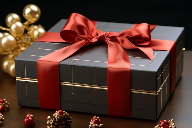 una caja de regalos de Navidad con una cinta roja atada a su alrededor.