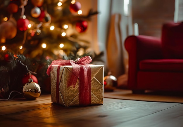 Caja de regalos de Navidad con cinta roja en una mesa de madera en la sala de estar