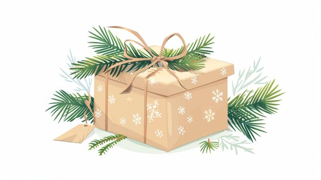 Una caja de regalos de Navidad con decoración de ramas de abeto Diseño de regalo de invierno en envoltura ecológica con etiqueta de cuerda y ramita de aguja Paquete sorpresa Ilustración moderna gráfica plana separada en blanco