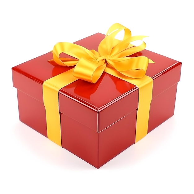 Foto caja de regalos de navidad roja con arco amarillo aislado en blanco