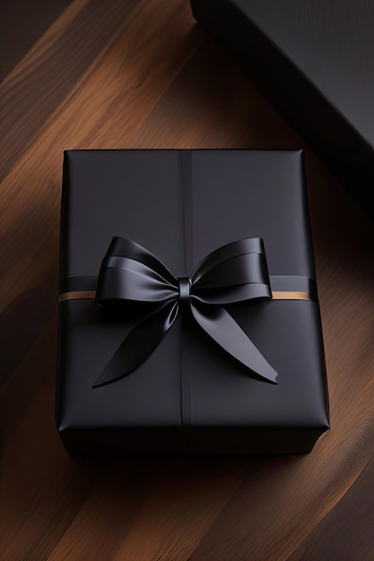 Caja de regalos negra y tarjeta negra en una tabla oscura