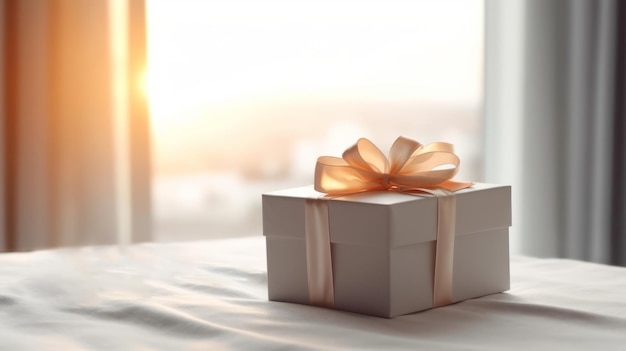 Caja de regalos de pie en la mesa en la sala de luz