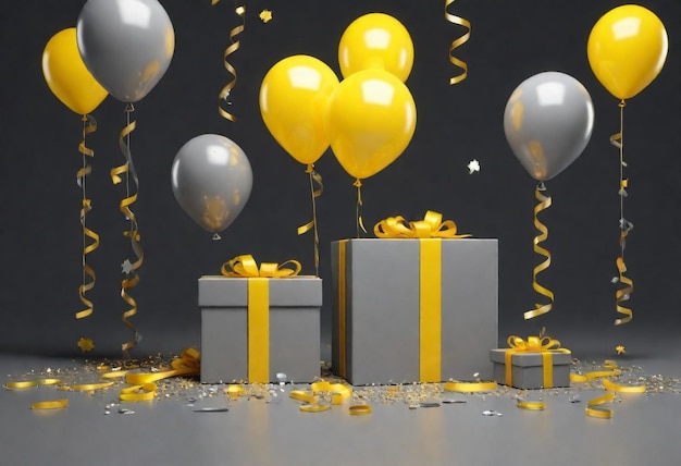 una caja de regalos de plata y oro con un montón de globos y una cinta de oro