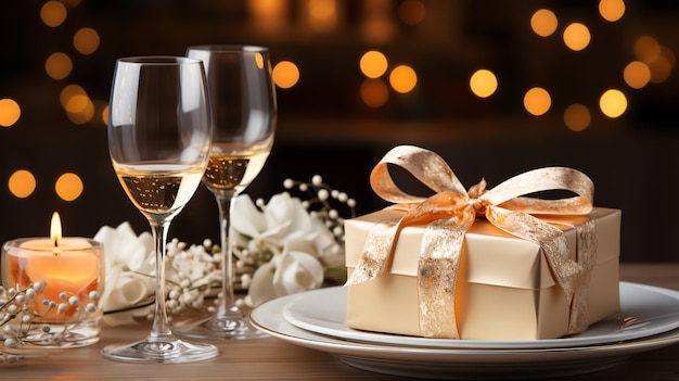 una caja de regalos en un plato con vasos de vino