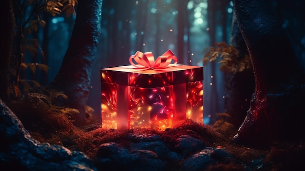 Una caja de regalos roja vibrante rodeada de la belleza de la naturaleza en un entorno forestal regalo de Navidad