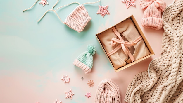 Una caja de regalos con ropa y sombreros de punto en un fondo rosa y azul