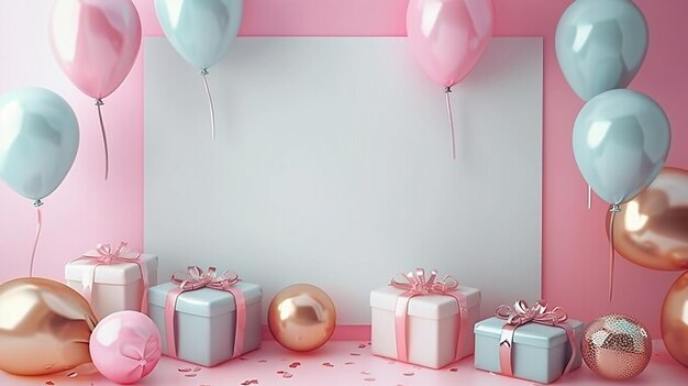 una caja de regalos rosa y azul con una pelota de oro y una pelota rosa en el medio