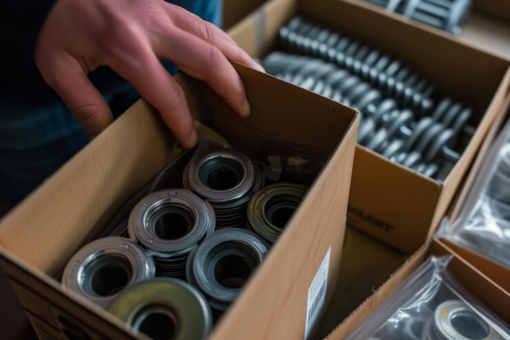 Caja de rodamientos de rodillos nuevos con una persona alcanzando