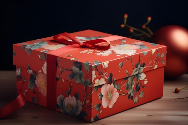 Una caja roja con un estampado de flores.