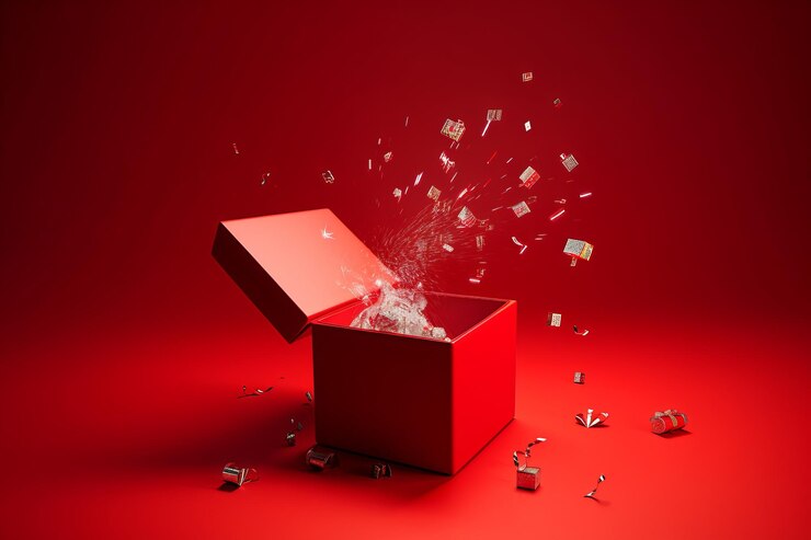 una caja roja con un logotipo de plata y una caja Roja con la palabra dinero en efectivo en ella