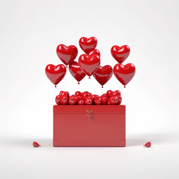 Una caja roja con un montón de globos rojos que dicen "amor".