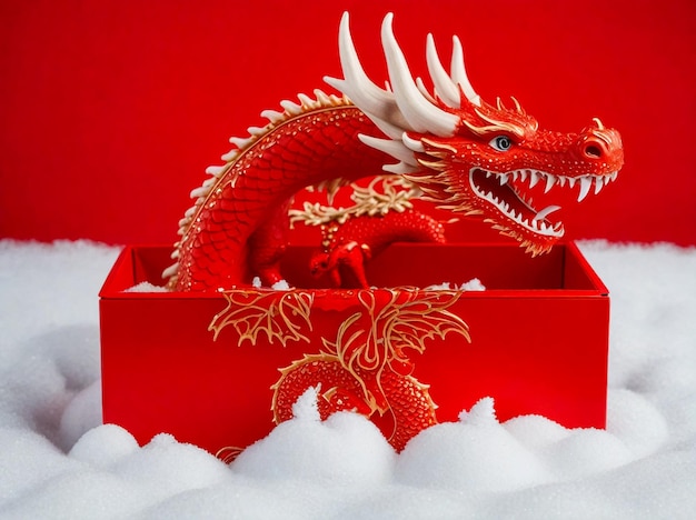 Foto caja roja de navidad con un dragón de nieve en un fondo rojo