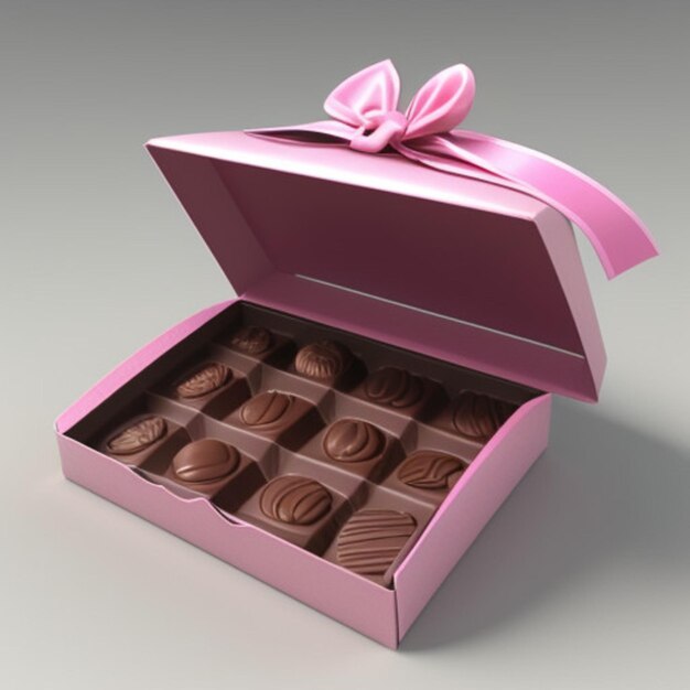 una caja rosa de chocolates con un lazo rosa en ella