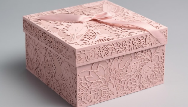 Una caja rosa con una cinta que dice 'el amor está en el medio'