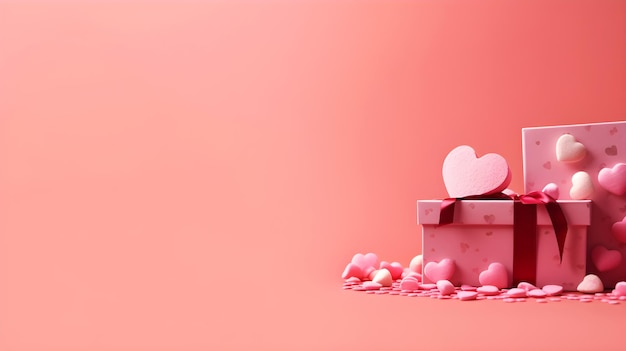 caja rosa con cinta rosa y dulces de corazón rosa sobre fondo rosa