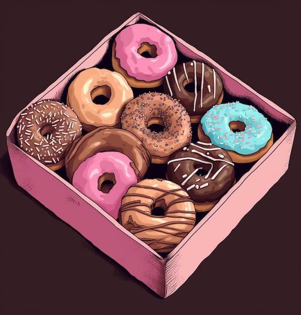Una caja rosa de donuts con diferentes sabores de donuts.