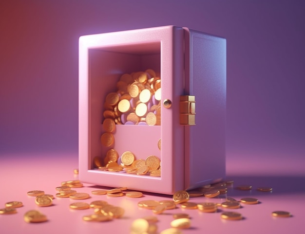 Una caja rosa con monedas de oro y un fondo rosa.
