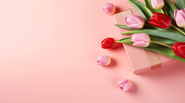 Una caja rosa con tulipanes con uno de ellos sobre un fondo rosa