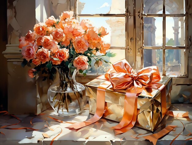 una caja de rosas se sienta en un alféizar de la ventana con una cinta atada a su alrededor.