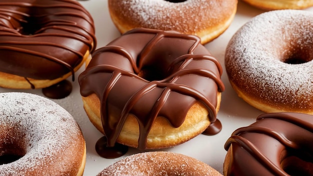una caja de rosquillas con glaseado de chocolate y chocolate rociado en la parte superior