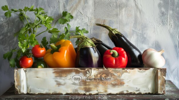 Caja rústica llena de verduras frescas y vibrantes, incluidos tomates, pimientos, berenjenas y hierbas que transmiten una esencia comestible en la granja