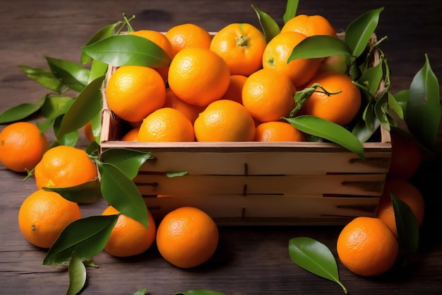 Una caja rústica de madera llena de naranjas mandarinas frescas recogidas orgánicas en una caja de madera