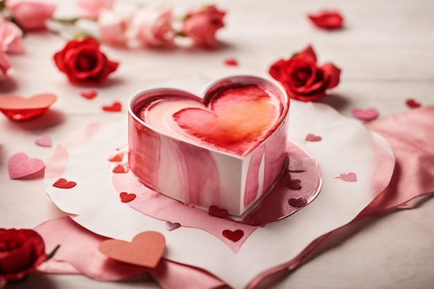 Caja con sabrosos macarrones flores de rosa y corazones sobre fondo blanco celebración del Día de San Valentín