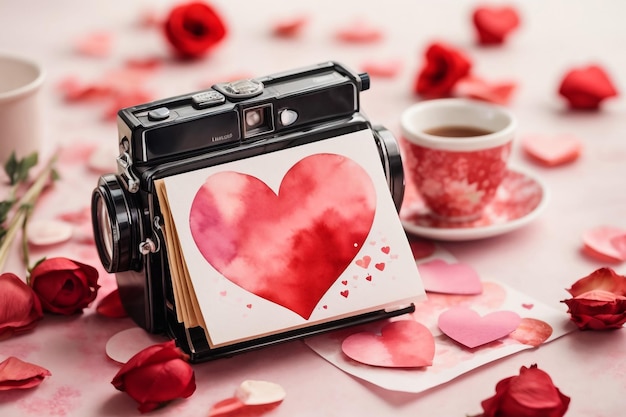 Caja con sabrosos macarrones flores de rosa y corazones sobre fondo blanco celebración del Día de San Valentín