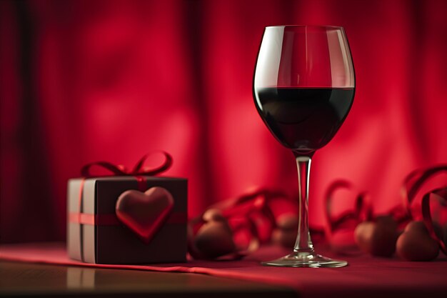 Foto caja de san valentín y copa de vino con corazón