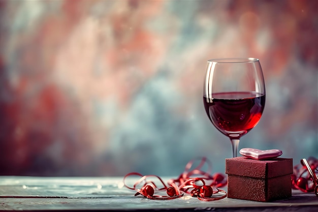 Foto caja de san valentín y copa de vino con corazón