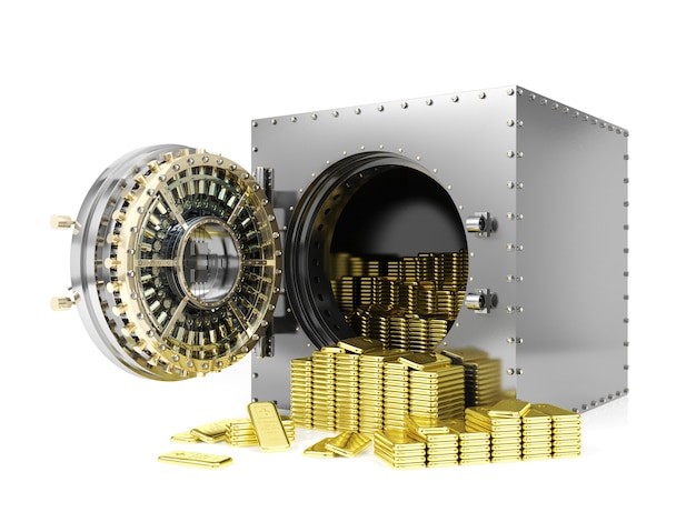 Caja de seguridad bancaria y puerta de bóveda de banco abierta que revelan barras de oro, renderizado 3D