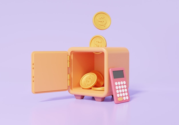 Caja de seguridad y calculadora con seguridad de monedas sobre fondo púrpura pastel finanzas ahorro dinero concepto dibujos animados mínimo ahorro educación ganar riqueza 3d renderizar ilustración