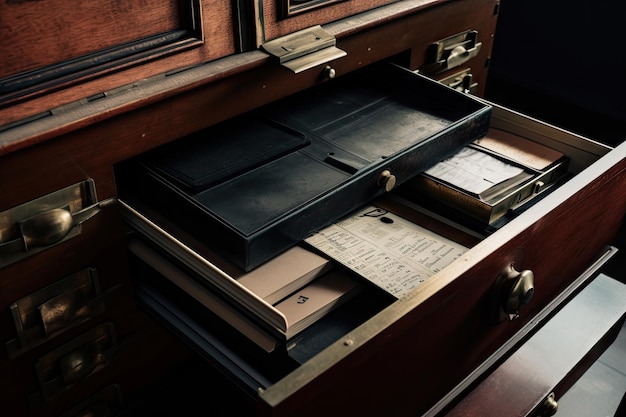 Caja de seguridad con llave visible en la parte superior y pila de documentos importantes en el interior