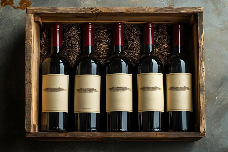 una caja de seis botellas de vino sentadas en una mesa