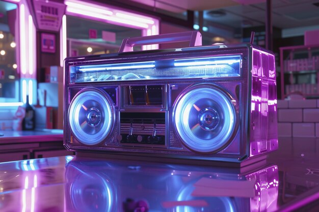 Caja de sonido retro en la mesa de la cafetería