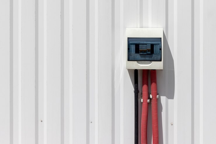 Caja sucia con disyuntores y conducto de cable que sale de ella