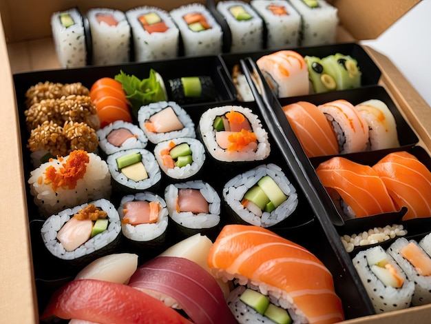 Foto una caja de sushi con una variedad de rollos para llevar