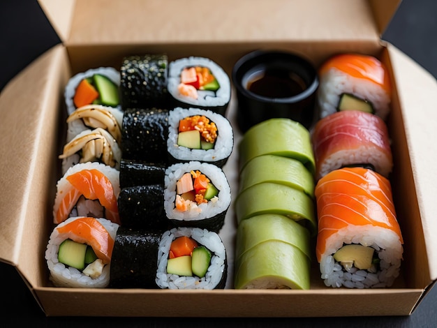 Foto una caja de sushi con una variedad de rollos para llevar