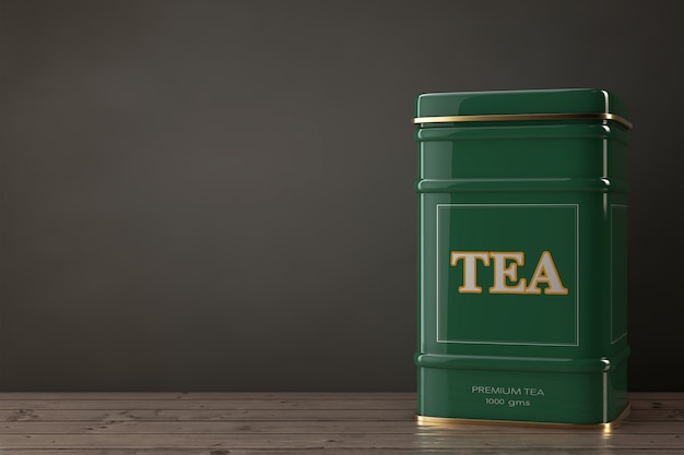 Caja de té verde de metal con franja dorada sobre una mesa de madera. Representación 3D