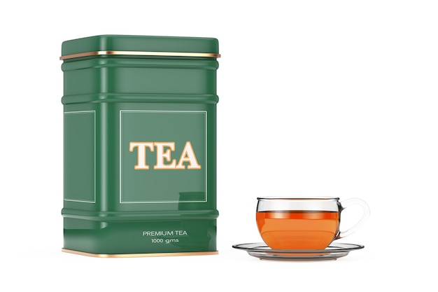 Foto caja de té verde de metal con una taza de té sobre un fondo blanco. representación 3d