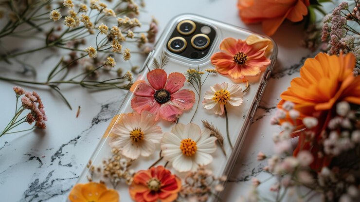 Caja de teléfono decorada con flores secas prensadas rodeadas de flores frescas que crean un aspecto hermoso y artístico