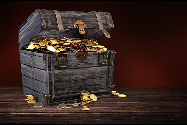 Caja del tesoro con monedas en el fondo
