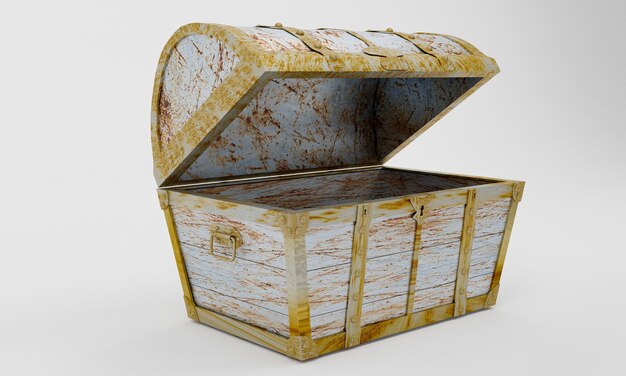 Caja de tesoros vieja y oxidada o cofre de tesoros de madera aislado sobre fondo blanco y papel tapiz 3D Render