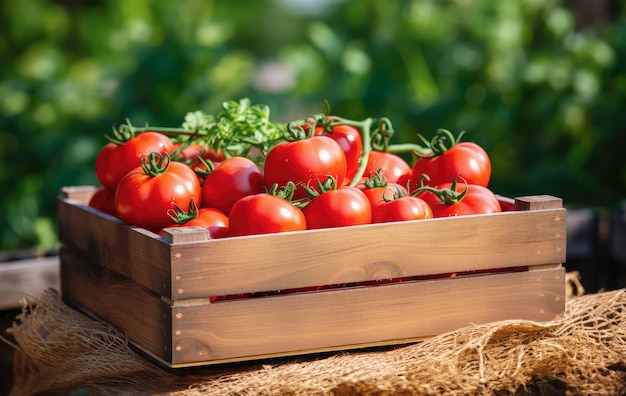 Una caja de tomates frescos en una granja